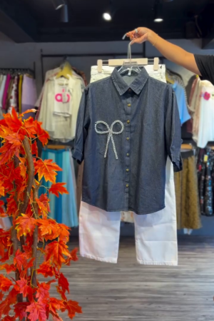 Denim Bow Shirt with White Pants