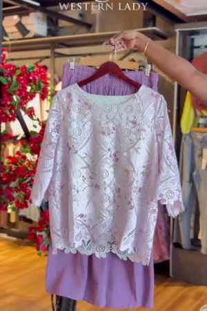 Lace Bloom Top in White & Lavender Skirt