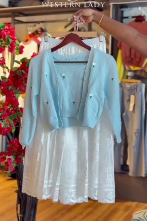 Knitted Bloom Cardigan & Lace Skirt in Powder Blue