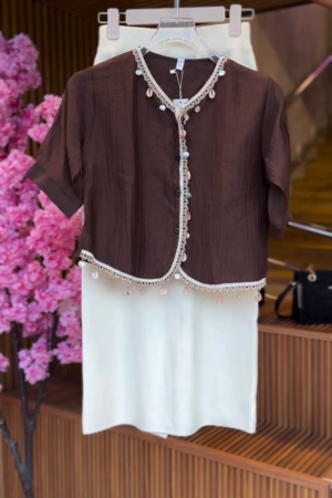 Beaded Trim Blouse in Cocoa & White Skirt