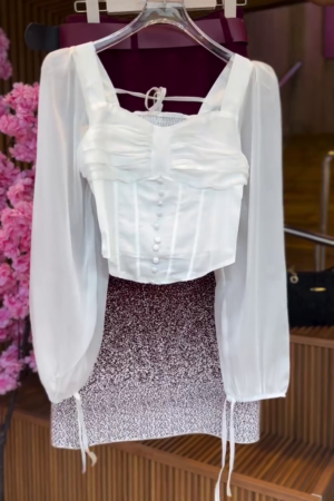 Ruched Sheer Blouse in Ivory & Gradient Speckle Skirt