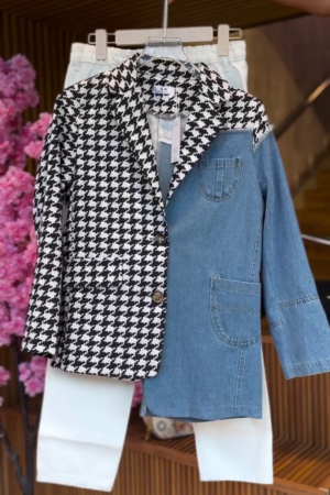 Hybrid Contrast Jacket in Houndstooth & Denim with White Pants