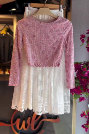Crochet Lace Top in Rose & Embroidered Sheer Skirt in White