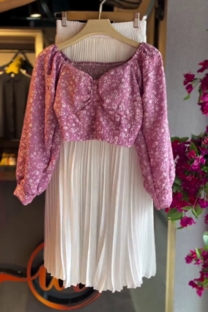 Pink Floral Crop Blouse with White Pleated Skirt – Elegant Indo-Western Co-Ord Set