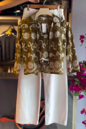 Embroidered Paisley Top in Olive & Wide-Leg Pants in White