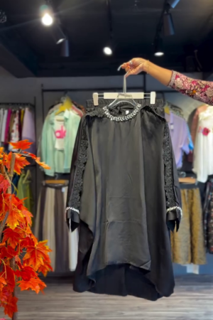 Embroidered Black Dress with Pearl Cuff Detail