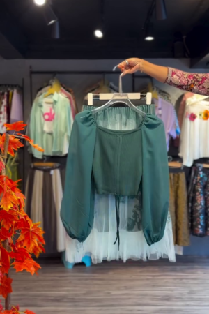 Pleated Bodice Blouse in Olive & Embroidered Tulle Hem