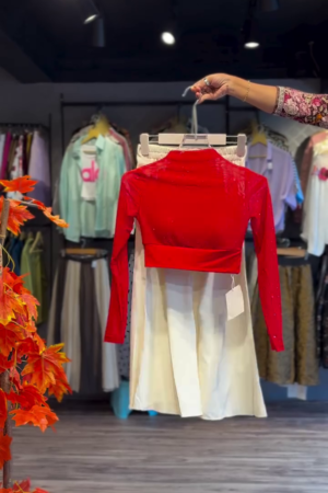 Ruched Glitter Top in Crimson & Pleated Skirt in Cream