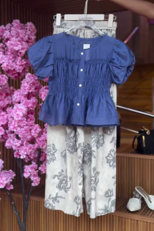 Gathered Button Blouse in Sky & Wide-Leg Floral Pants in Mist