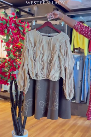 Ruffled Blouse in Beige & Butterfly Skirt in Coco