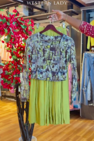 Abstract Print Top in Ochre & Pleated Skirt in Lime