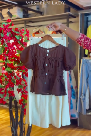 Ruched Puff-Sleeve Blouse in Cocoa & Cream Skirt