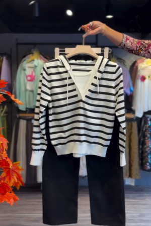 Striped Hoodie in Ink & Drawstring Pants in Noir