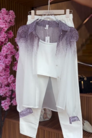 Gradient Sheer Shirt in Plum Mist & Cuffed Pants in White Lavender