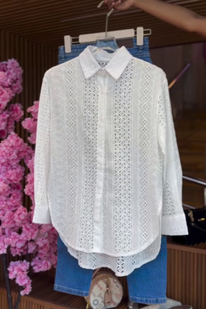 Eyelet Blouse in White & Denim Jeans in Classic Blue