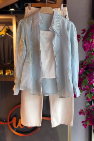 Embroidered Sheer Shirt in Sky & White Shorts