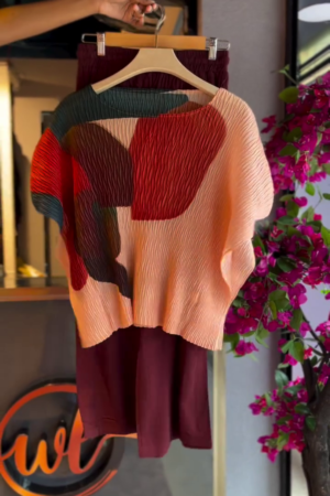 Pleated Abstract Top in Ember Mix & Burgundy Bottom