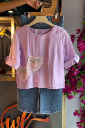 Embroidered Blouse in Lavender & Denim Skirt in Medium Wash