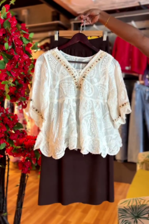 Lace Blouse in Ivory & Skirt in Deep Cocoa