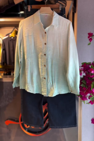 Embroidered Shirt in Sage & Denim Shorts in Black