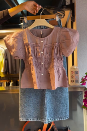 Ruched Blouse in Mauve & Denim Skirt in Medium Wash