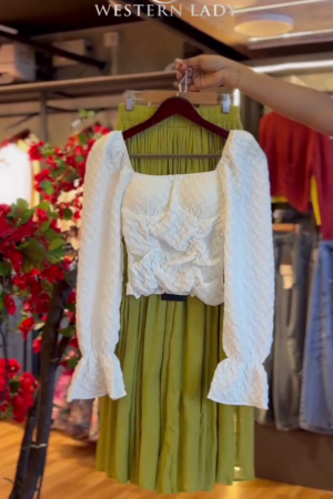 Textured Crop Top in Ivory & Pleated Skirt in Olive