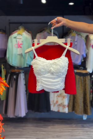 Ruched Crop Top in White & Red Garment