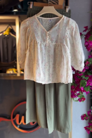 Lace Blouse in Floral Cream & Wide-Leg Pants in Olive