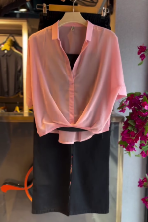 Sheer Blouse in Petal Pink & Slit Skirt in Midnight Black