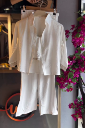 Lace Trimmed Shirt Set in Pearl White