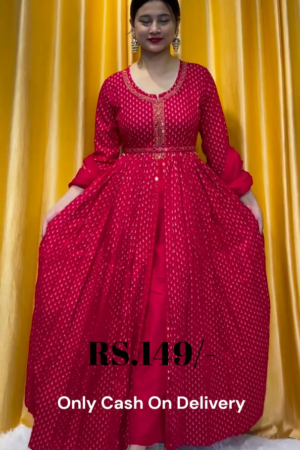 Crimson Polka-Dot Anarkali Gown with Embroidered Cinched Waist