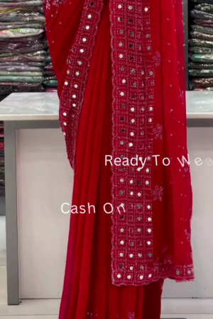 Crimson Radiance: Embroidered Mirror-Work Saree