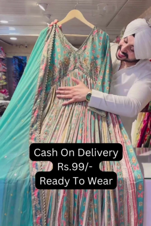 Seafoam Splendor: Embroidered Festive Anarkali Gown