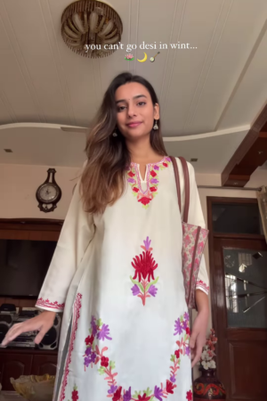 Elegant Off-White Embroidered Winter Kurta