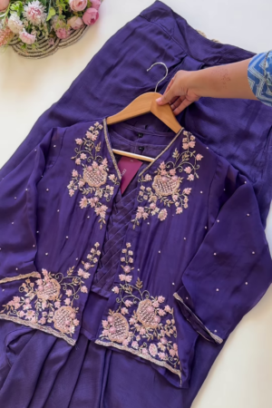 Majestic Purple Embroidered Jacket-Style Suit Set