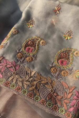Ethereal Grey Organza Dupatta with Handcrafted Embroidery