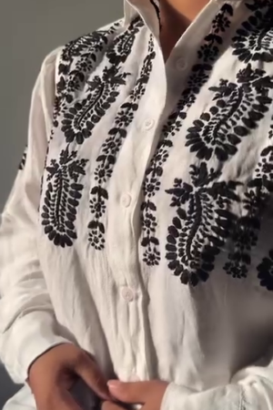 Elegant Hand-Embroidered Monochrome Cotton Shirt