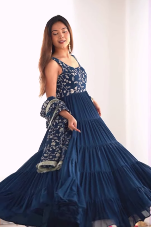 Midnight Blue Embroidered Tiered Anarkali Set