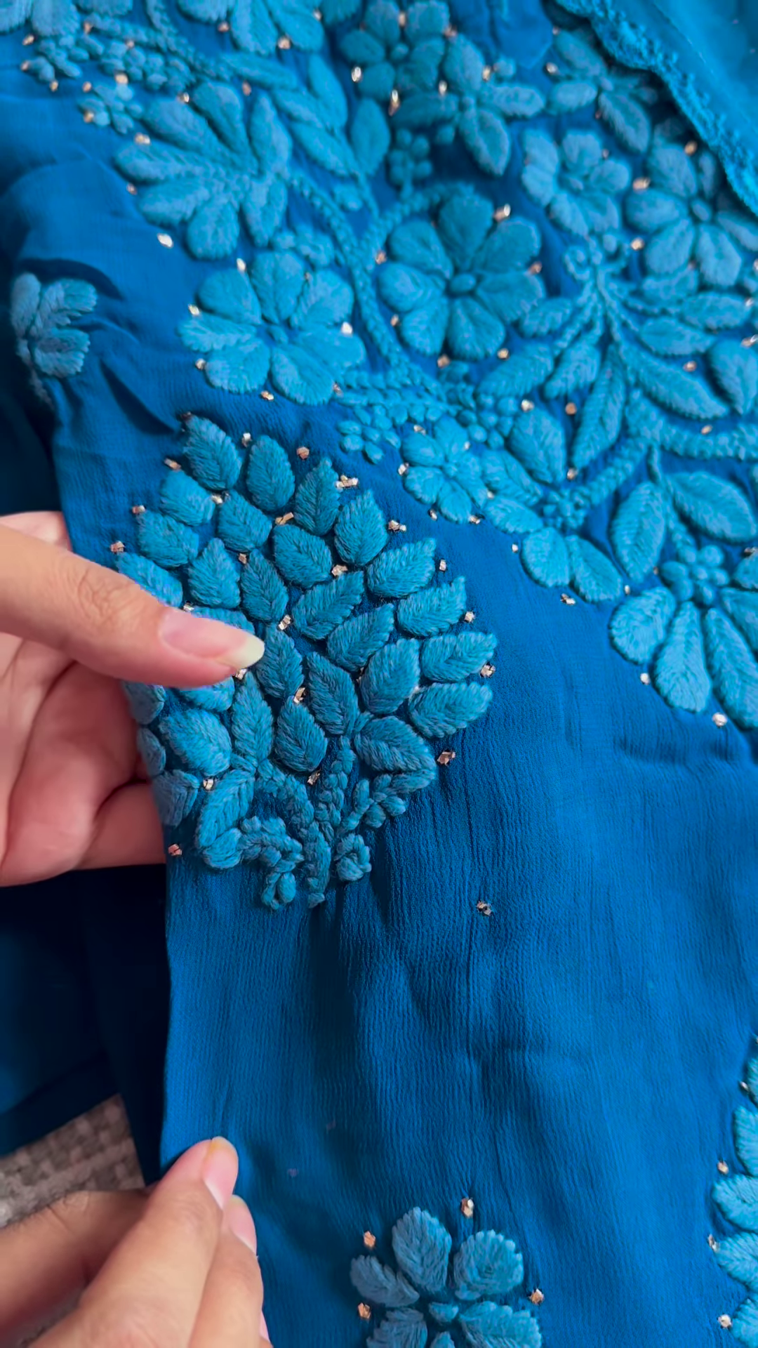 Royal Blue Hand-Embroidered Chikankari Kurta Set with Pearl Accents - Image 3