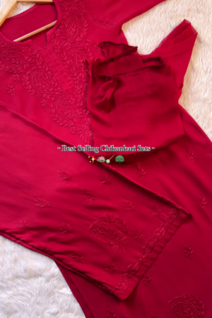 Ruby Red Chikankari Kurta Set – Timeless Elegance