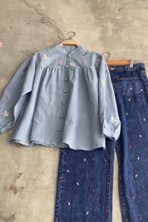 Floral Embroidered Denim & Blouse Set