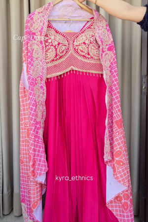 Hot Pink Embroidered Cape Dress
