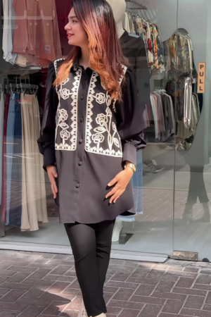 White & Black Embroidered Oversized Shirt