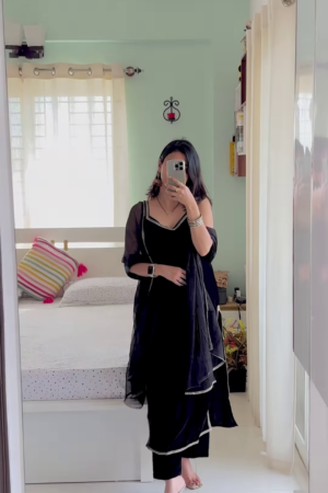 Elegant Black Minimalist Kurta Set with Sheer Dupatta