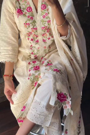Ivory Floral Embroidered Cotton Kurta