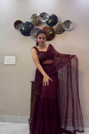Plum Wine Pre-Draped Saree with Embellished Blouse