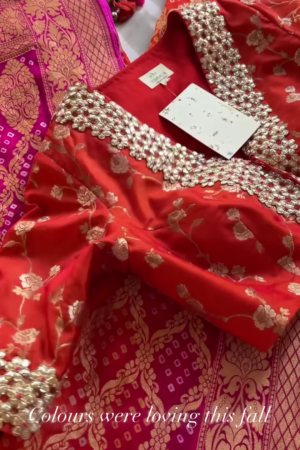 Red and Pink Banarasi Silk Lehenga Set with Mirror Work Blouse