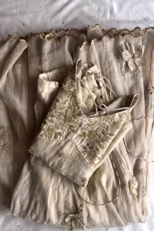 Elegant Ivory Hand-Embroidered Organza Lehenga Set
