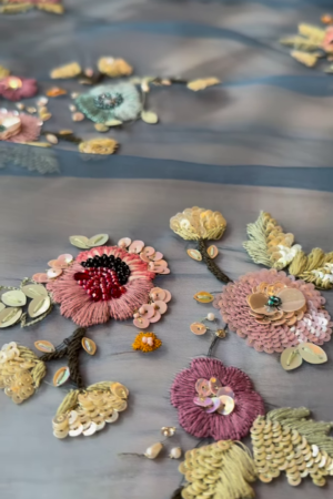 Pastel Hand-Embroidered Floral Organza Fabric