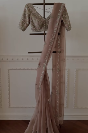 Elegant Mauve Embroidered Net Saree with Blouse